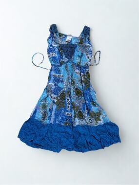 Vtg Y2K Blue Sleeveless Floral Print Crochet Panel Flowy Ruffle Midi Dress